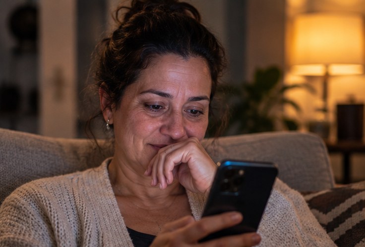 Mãe sentada no sofá olhando o celular, com expressão de reconhecimento