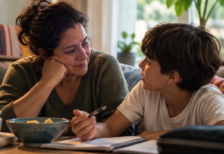 Mãe e filho sentados juntos à mesa, conversando com calma